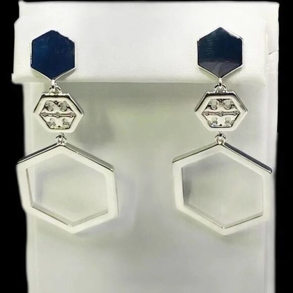 NWOT Tory Burch Silver Hexagon Dangle Stud Earrings - Picture 3 of 6